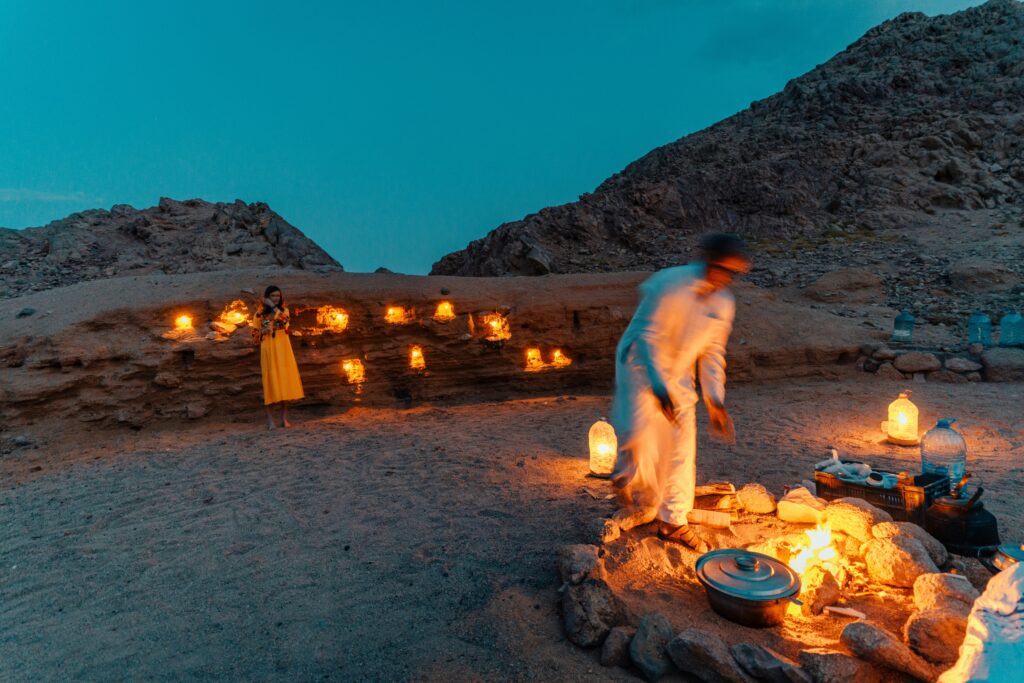 A Man with BBQ Dinner in Dubai Desert