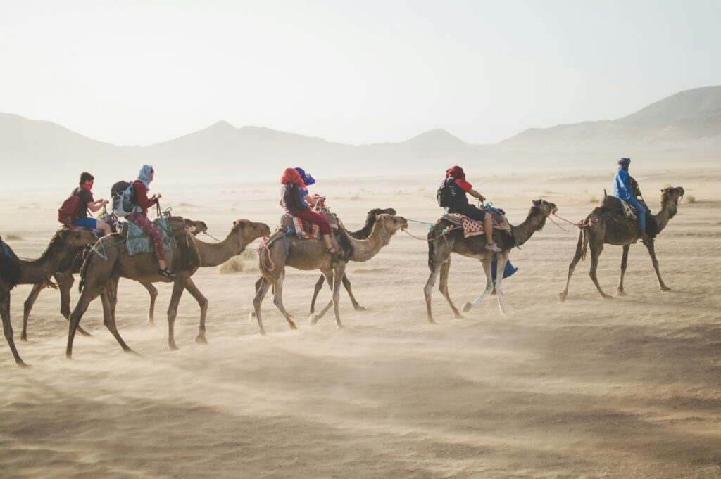 Dubai Ticket Packages for Desert Safari People Riding on Camel in Dubai Ticket Packages for Desert Safari