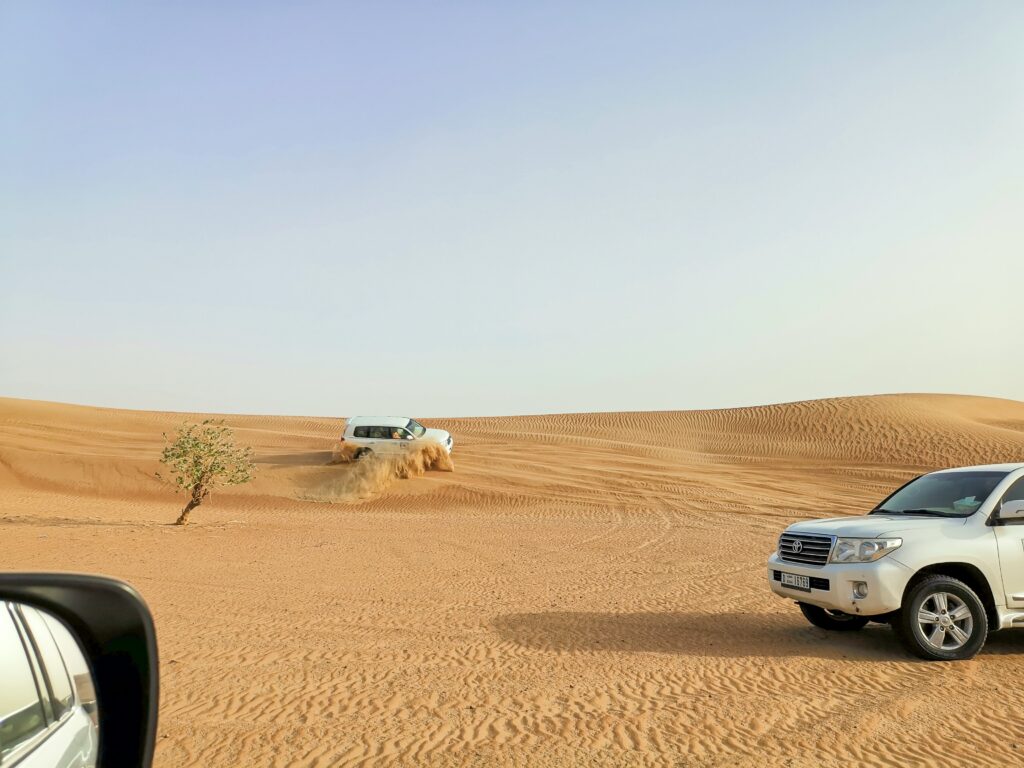 Morning Desert Safari Dubai White Jeep Drift in Desert Morning Desert Safari Dubai