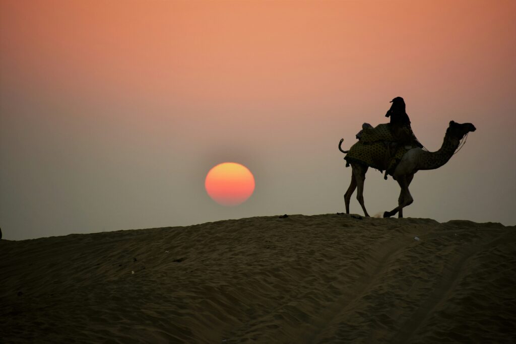 Sunrise Desert Safari Dubai A Man Riding on Camel in Sunrise Desert Safari Dubai