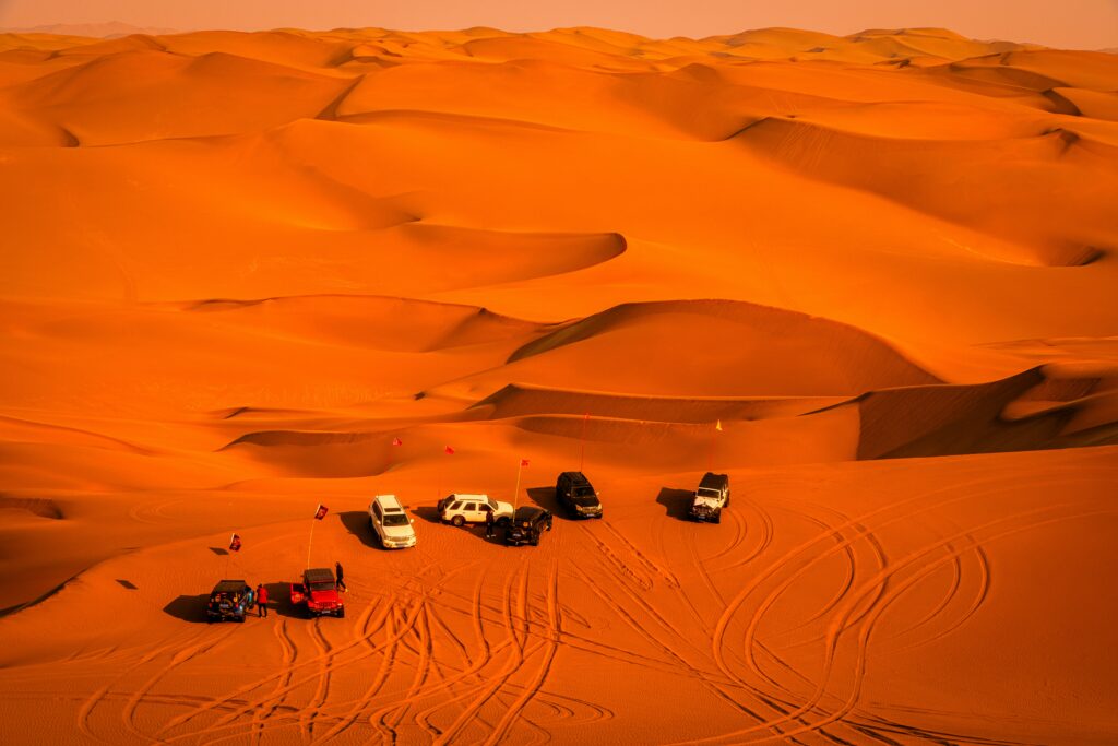 A View of Desert Jeeps  from sky Dune Buggy Abu Dhabi