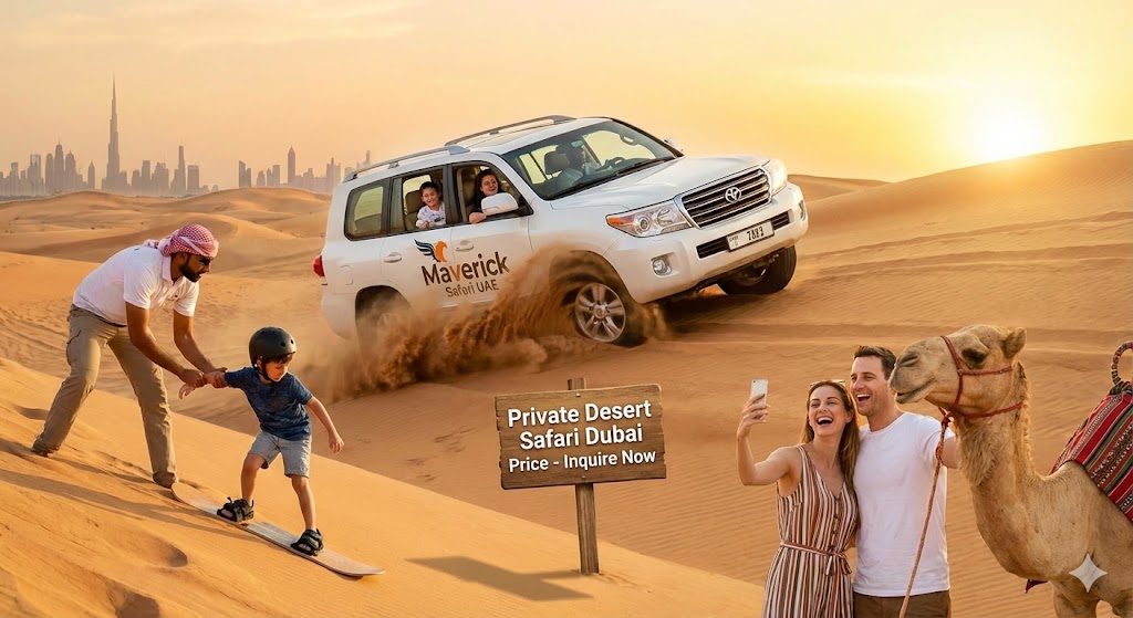 Family enjoying adventure activities during a Private Desert Safari Dubai Price experience, featuring dune bashing in a 4x4, sandboarding, camel interaction, and scenic sunset views near Dubai skyline.