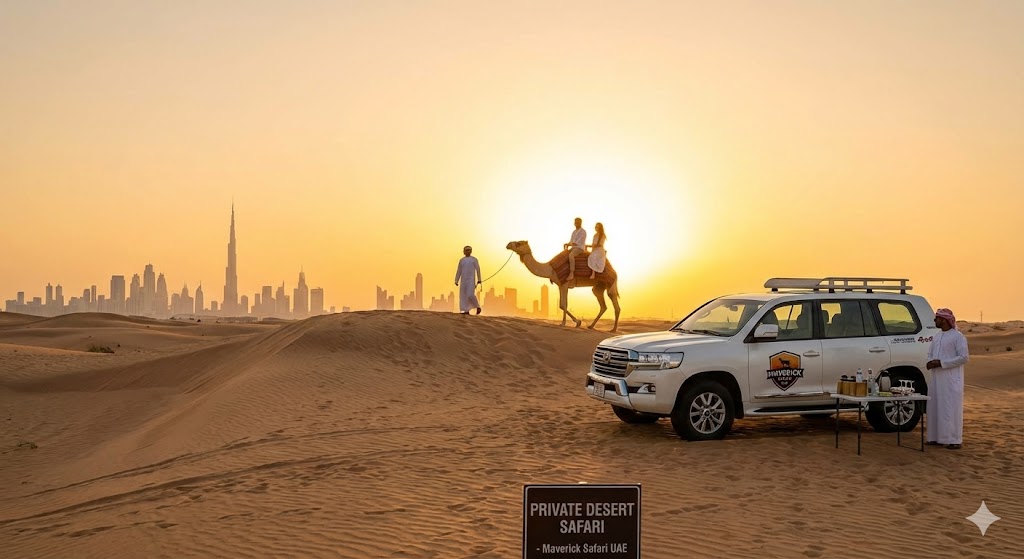 Luxury Private Desert Safari Dubai Price experience showing camel ride at sunset, private SUV setup, refreshments table, and stunning Dubai skyline views across golden sand dunes.
