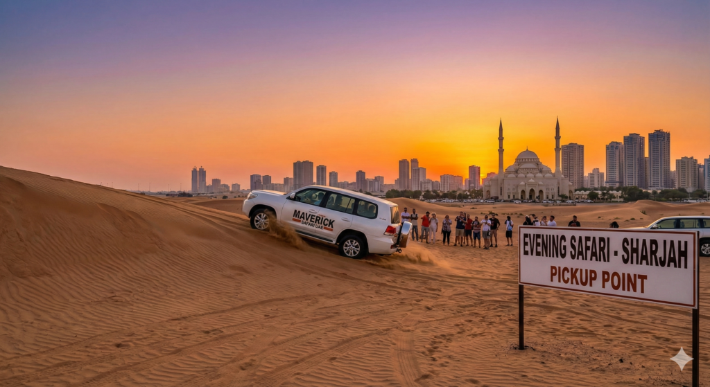 4x4 desert vehicle climbing sand dunes during an Evening Safari Sharjah Pickup, with Sharjah city skyline and mosque visible at sunset