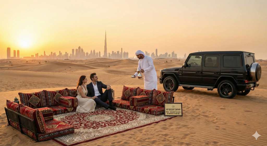 Premium Desert Safari Dubai with VIP desert lounge seating, private Arabic coffee service, luxury G-Class 4x4, and Dubai skyline at sunset