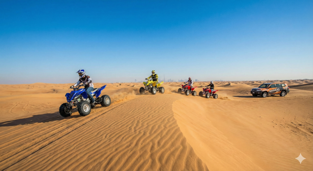Quad Bike Dubai tour with professional riders exploring the Dubai desert dunes during an off-road adventure.