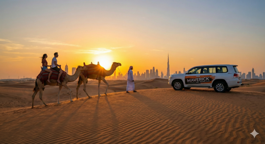 Private Desert Tour Dubai featuring a sunset camel ride across golden sand dunes with Dubai skyline and Burj Khalifa in the background