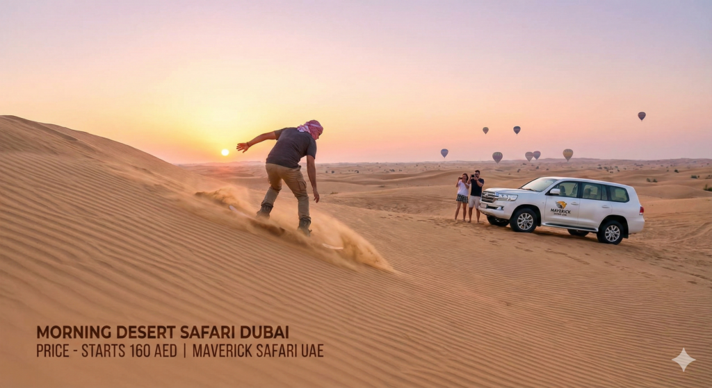 Morning Desert Safari Dubai Price featuring thrilling sandboarding on golden dunes with 4x4 safari vehicle, sunrise view, and adventure experience in Dubai desert.