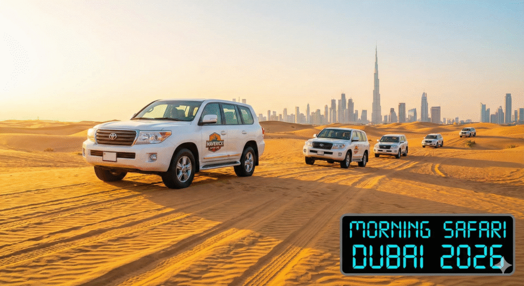 Luxury 4x4 convoy crossing Dubai desert dunes at sunrise with Burj Khalifa skyline visible during a Morning Safari Dubai experience.