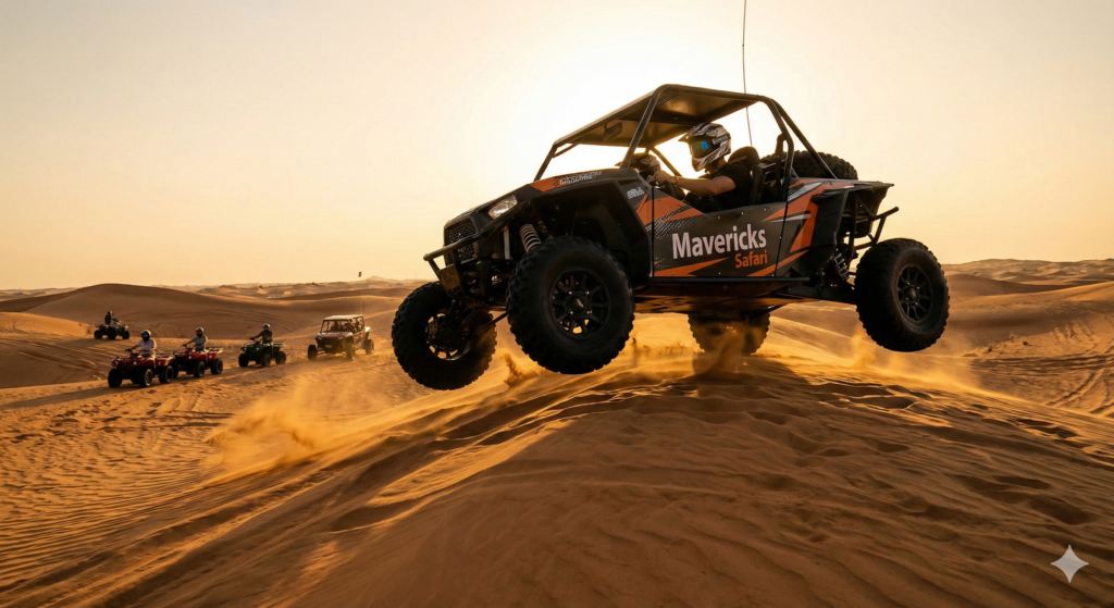 Adrenaline-filled Quad Bike Dubai experience with riders driving high-performance dune buggies across vast golden sand dunes during a guided desert safari adventure.