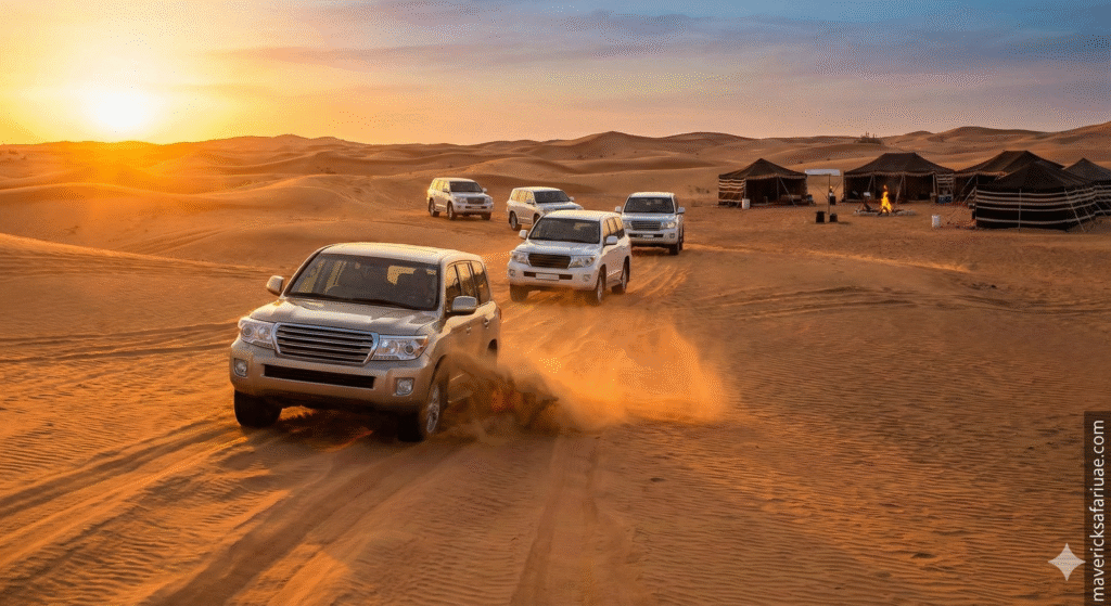 SUVs driving over golden desert dunes during a Dubai Evening Safari Tour at sunset, with traditional Bedouin-style camps visible in the background.