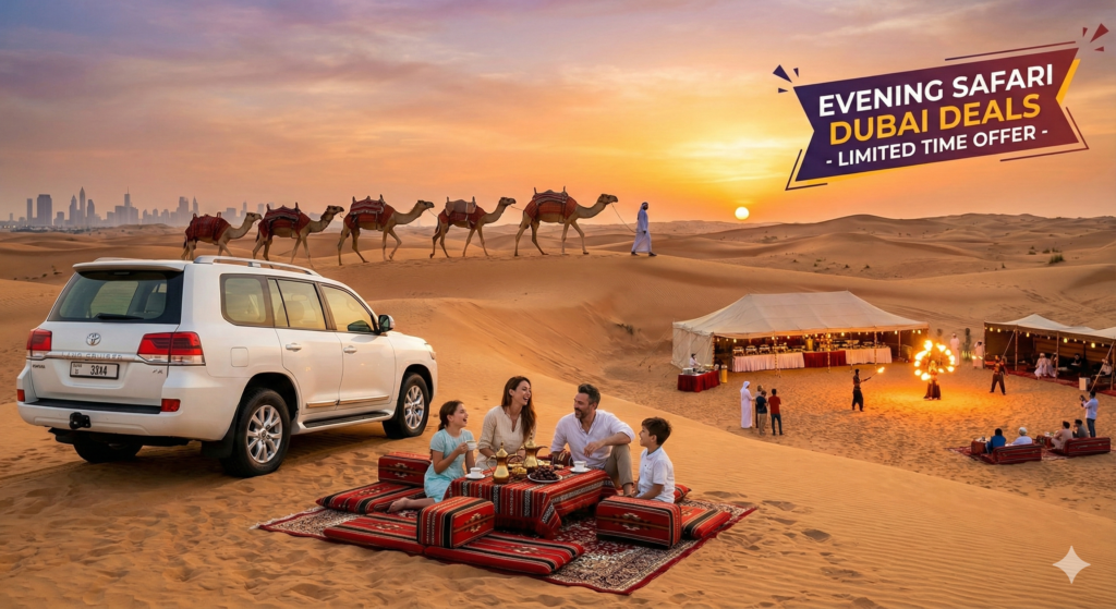 Evening Safari Dubai deals featuring a family desert picnic, camel riding at sunset, 4x4 dune bashing, and traditional desert camp entertainment