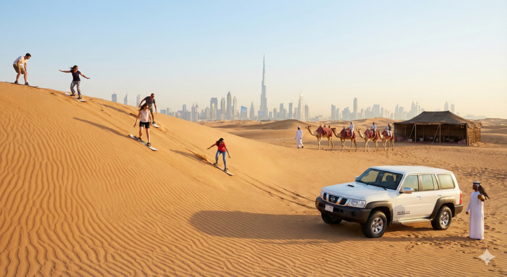 Sunrise Desert Safari Dubai with camel ride and hot air balloon experience in the Arabian Desert at sunrise