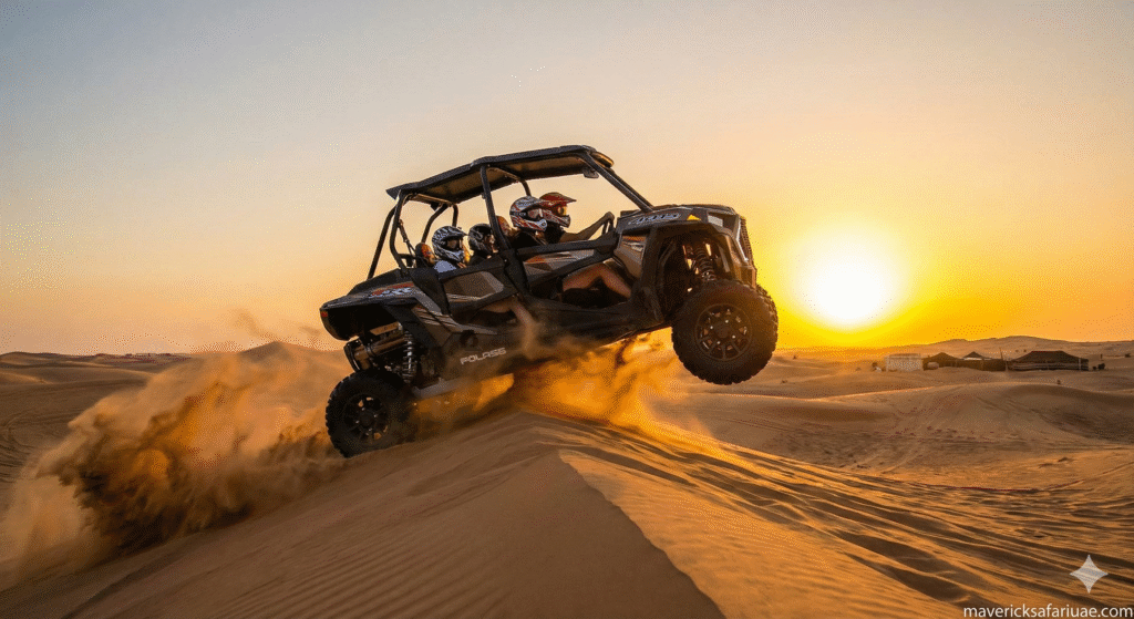 Quad biking in Dubai at sunset with a group riding a dune buggy over golden desert sand dunes.