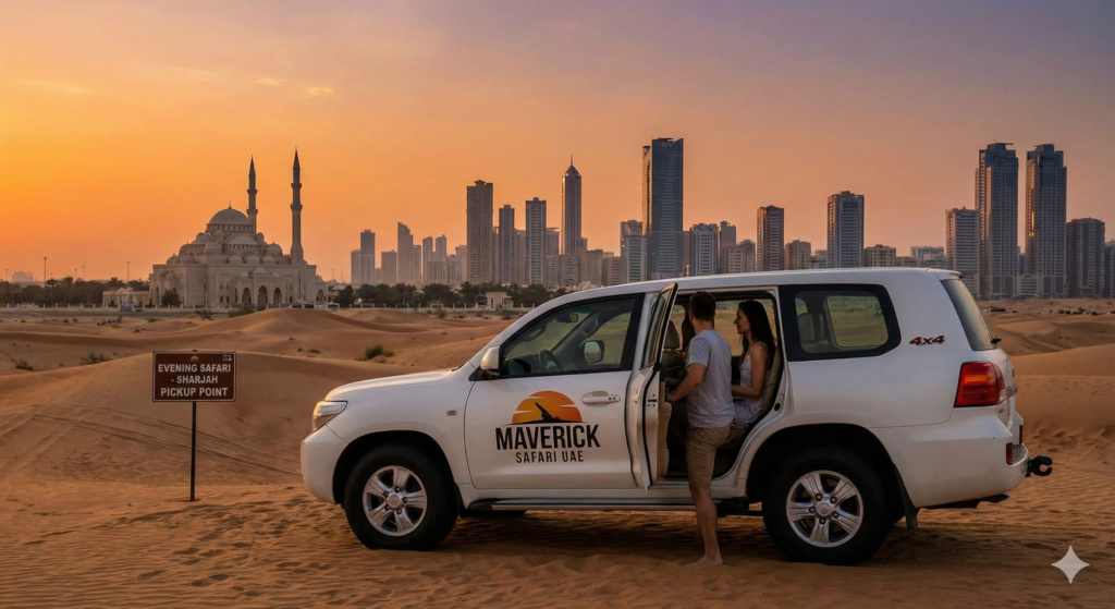 Tourists boarding a 4x4 SUV at the desert pickup point during an Evening Safari Sharjah Pickup, with Sharjah skyline and mosque visible at sunset