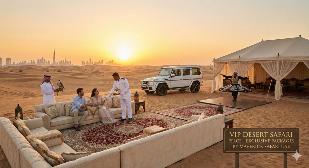 VIP Desert Safari Dubai Price offering exclusive private desert lounge, premium service, live entertainment, and luxury sunset experience.