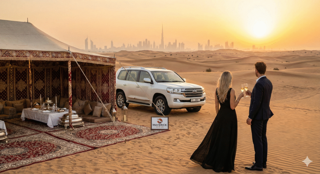 Exclusive VIP Desert Safari Dubai experience with private camp, premium 4x4, romantic sunset, and luxury dining in the dunes.