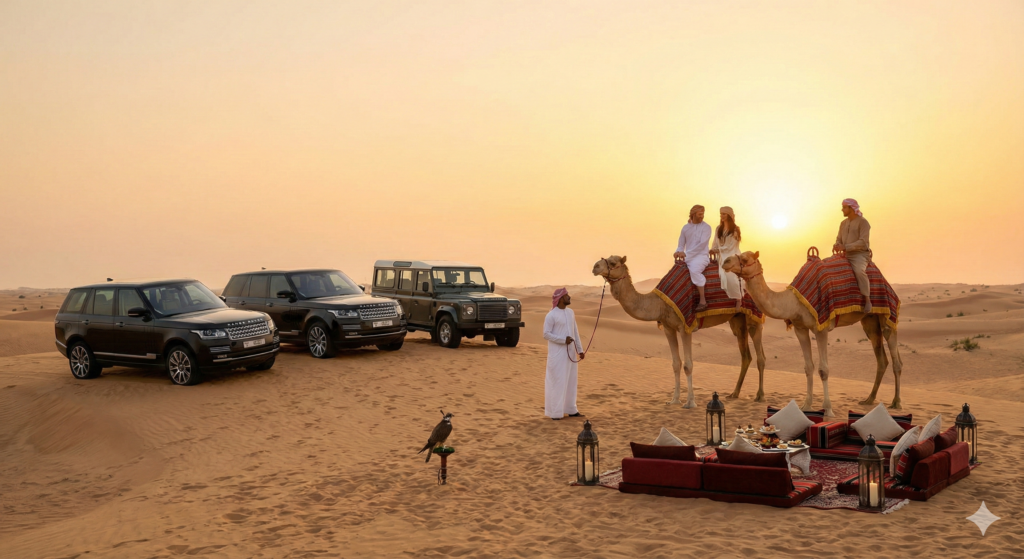 Exclusive luxury desert safari Dubai with pickup, private camel ride, VIP 4x4 vehicles and sunset experience.