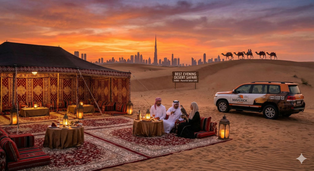 Best Evening Desert Safari Dubai with traditional Bedouin camp, sunset dunes, and luxury 4x4 experience