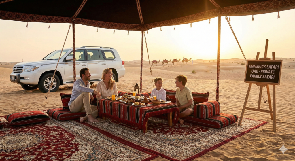 Family enjoying a private desert camp experience during a Family Private Desert Safari Dubai