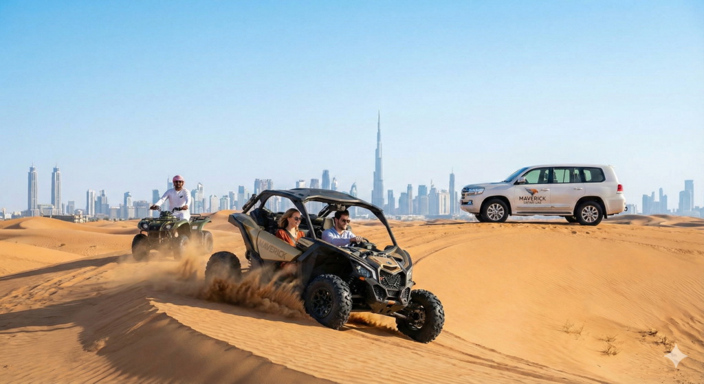 Private Desert Tour Dubai with thrilling dune buggy ride, quad biking adventure, and luxury 4x4 experience set against the Dubai skyline and Burj Khalifa.