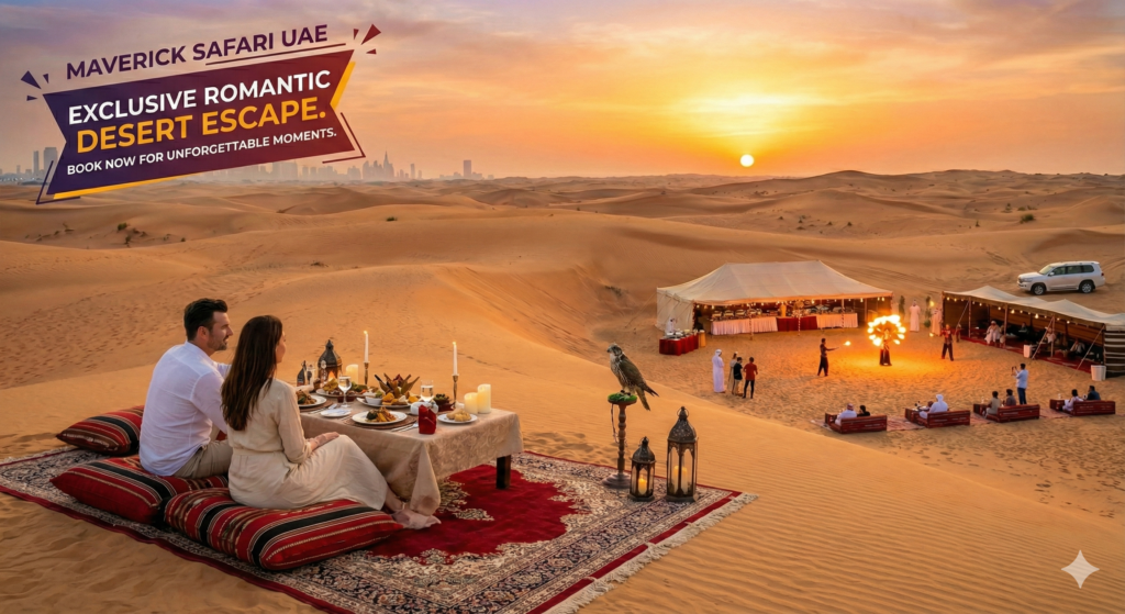 Evening Safari Dubai deals featuring a romantic private desert dinner at sunset with luxury camp, live fire show, and golden sand dunes