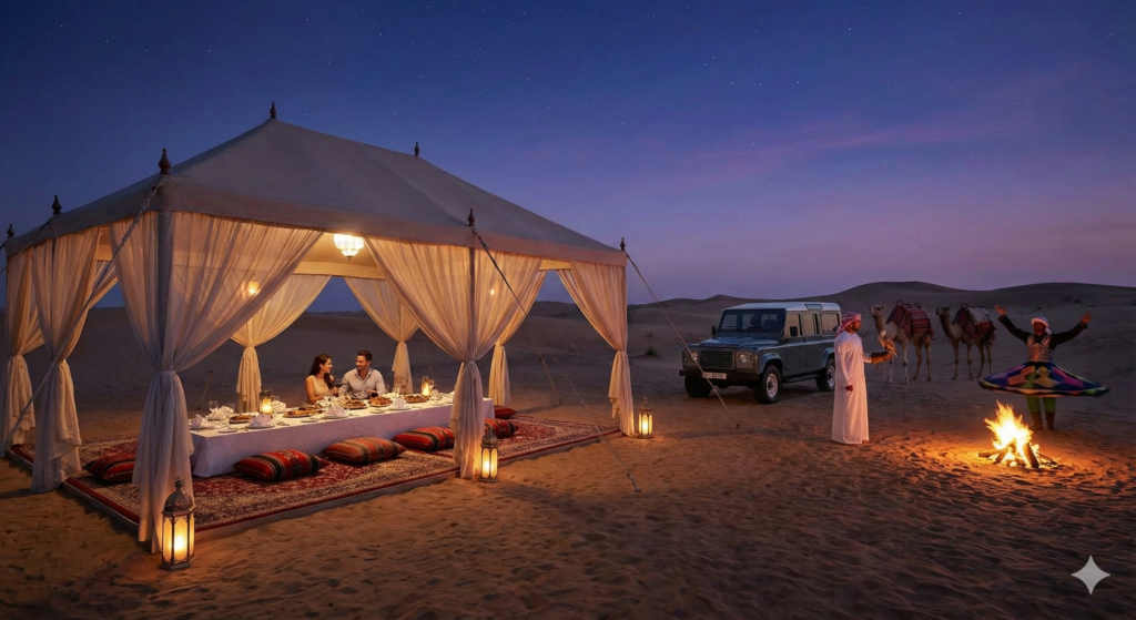 Romantic evening setup during a Luxury Desert Safari Dubai with Pickup, featuring a private candlelight dinner in a desert tent, traditional entertainment, camel experience, 4x4 pickup, and illuminated sand dunes under the night sky.