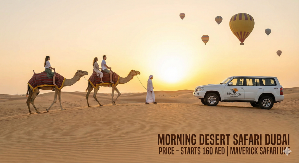 Morning Desert Safari Dubai Price featuring camel riding at sunrise with hot air balloons and a 4x4 desert safari vehicle in Dubai.