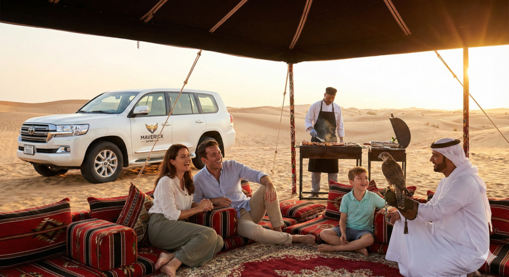 Family enjoying falcon experience and BBQ at luxury camp during Family Private Desert Safari Dubai