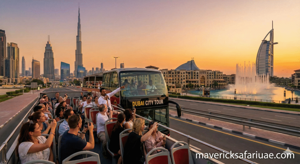 Tourists on an open-top Dubai city tour bus photographing iconic landmarks at sunset, including the Burj Khalifa and Burj Al Arab, with city fountains and skyline in the background.