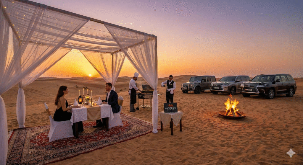 VIP Desert Safari Dubai with private sunset dinner, luxury 4x4 vehicles, live chef cooking, and exclusive desert setup