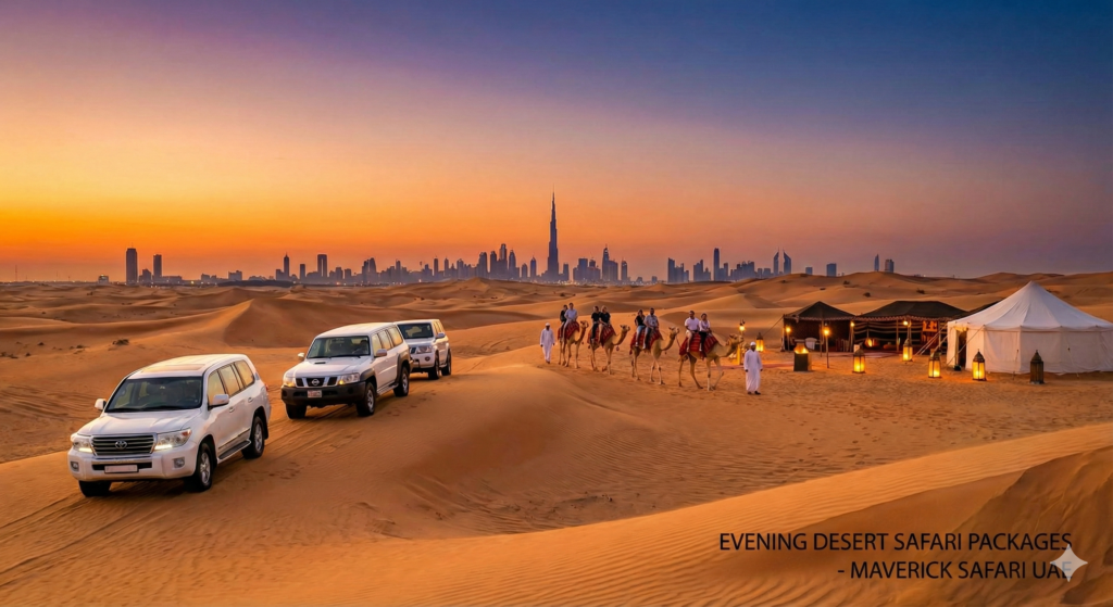 Evening Desert Safari Packages Dubai offering dune bashing, camel riding, and desert camp experience with Burj Khalifa view at sunset