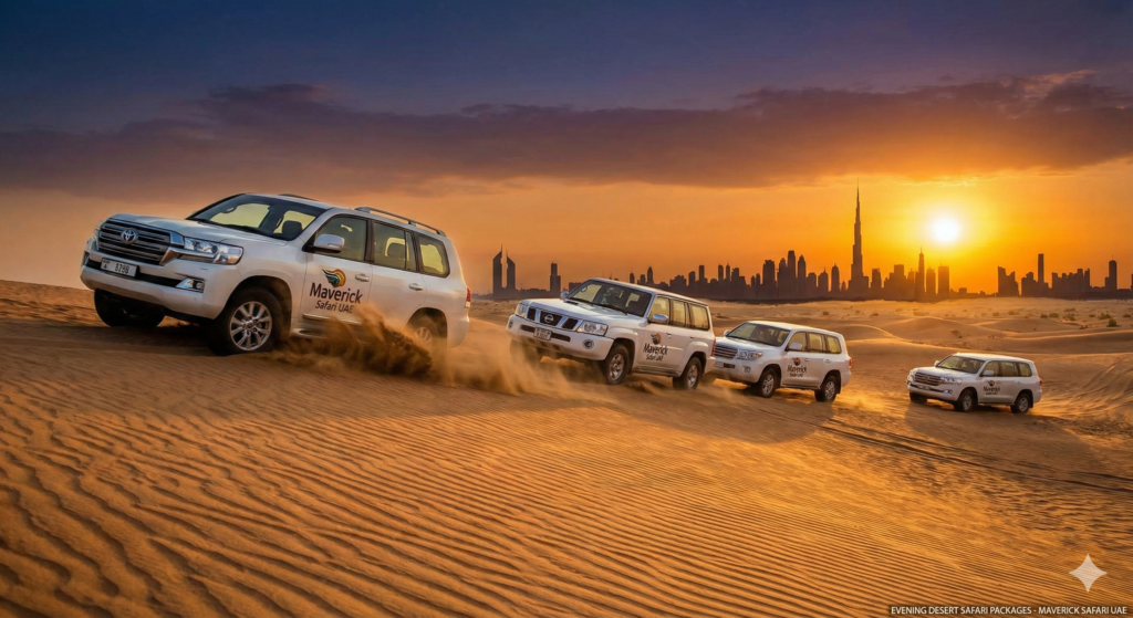 Evening Desert Safari Packages Dubai offering premium 4x4 dune bashing experience with stunning sunset views over the Dubai desert