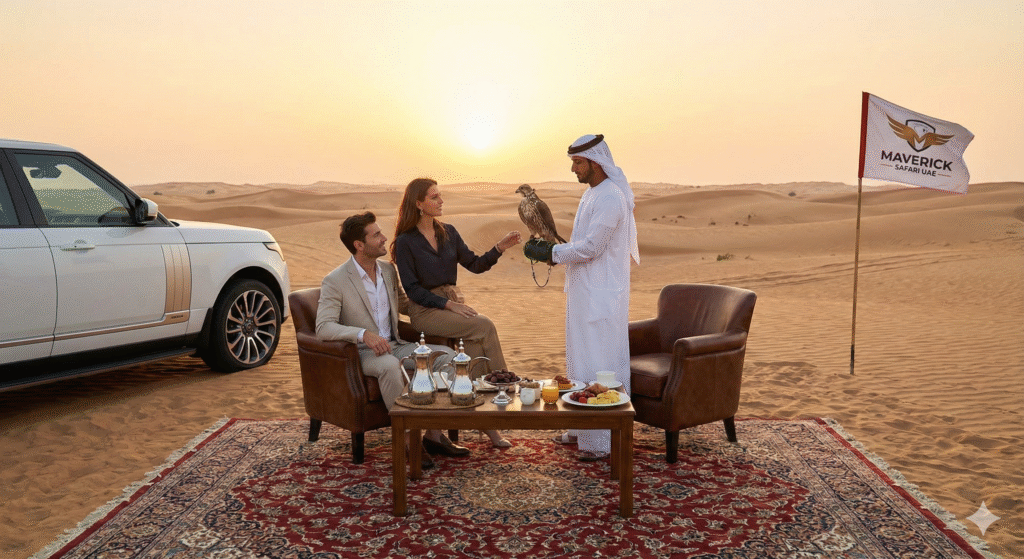 VIP Desert Safari Dubai with private falcon experience, luxury seating, and sunset views in the Arabian desert