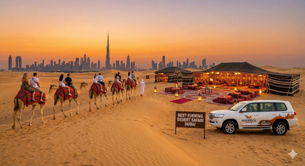 Camel ride and luxury desert camp during Best Evening Desert Safari Dubai at sunset