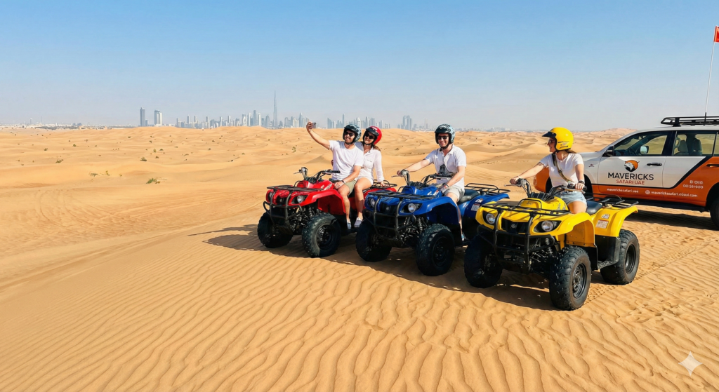 Adventurous travelers riding quad bikes during a thrilling Quad Bike Dubai tour, exploring vast desert dunes with safety gear and professional support vehicles under a clear blue sky.