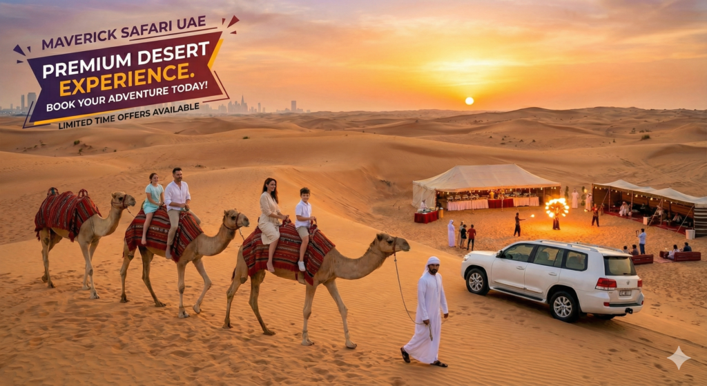 Evening Safari Dubai deals featuring camel rides at sunset, premium desert camp, live fire show, and 4x4 safari vehicles in Dubai desert
