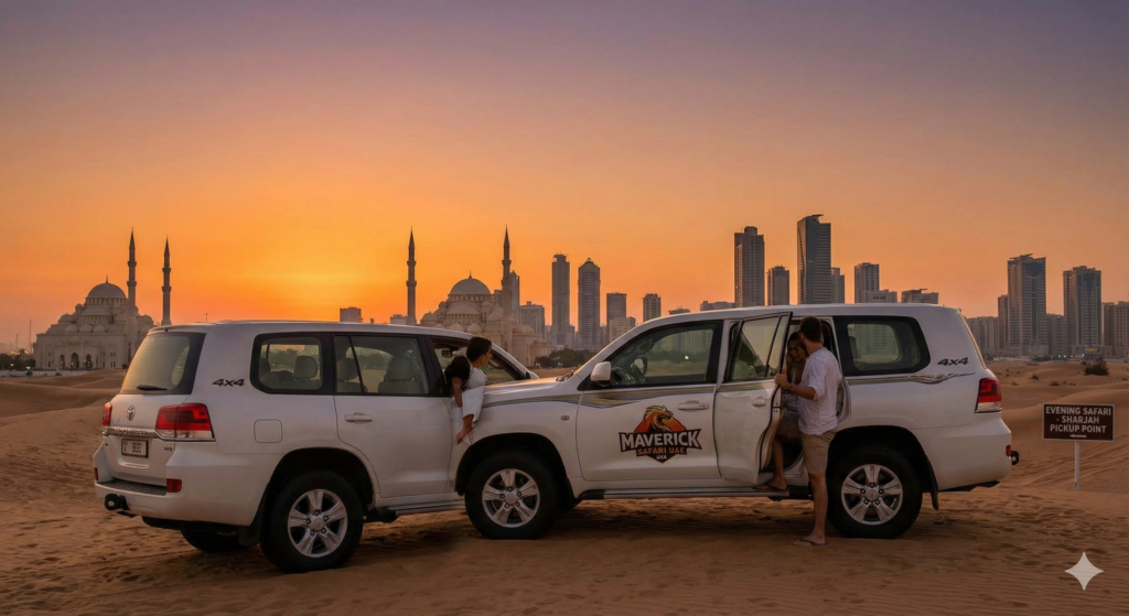 Guests enjoying a smooth Evening Safari Sharjah pickup in a luxury 4x4, starting an unforgettable desert safari at sunset