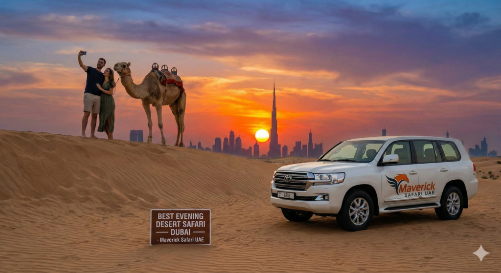 Couple taking photos with a camel during the Best Evening Desert Safari Dubai, featuring a luxury 4x4 SUV, golden sand dunes, and stunning sunset with Dubai skyline in the background.