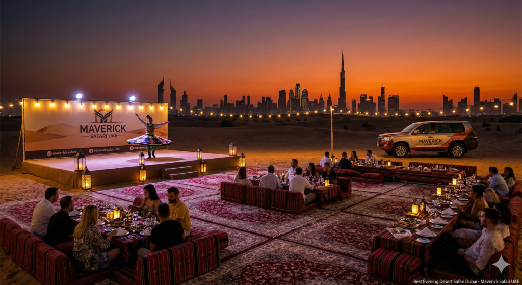 Traditional desert dinner and live dance performance during the Best Evening Desert Safari Dubai, with Dubai skyline and Burj Khalifa glowing at sunset.