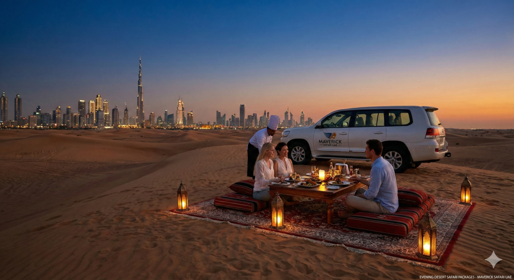 Evening Desert Safari Packages Dubai featuring a private luxury desert dinner with Dubai skyline view, candlelight setup, and premium safari experience.