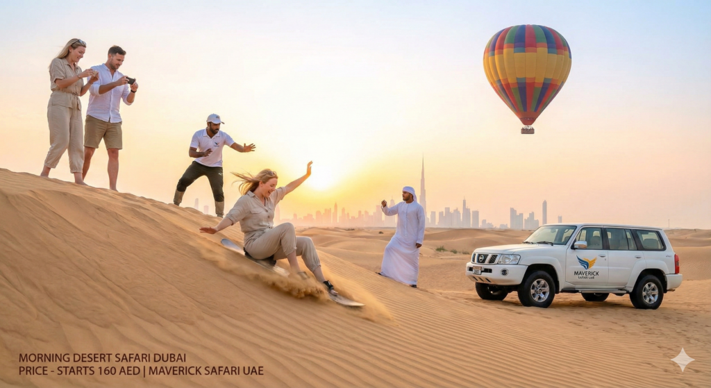 Sunrise Desert Safari Dubai Sunrise Desert Safari Dubai with sandboarding adventure, hot air balloon experience, luxury 4x4 desert drive, and Dubai skyline at sunrise.