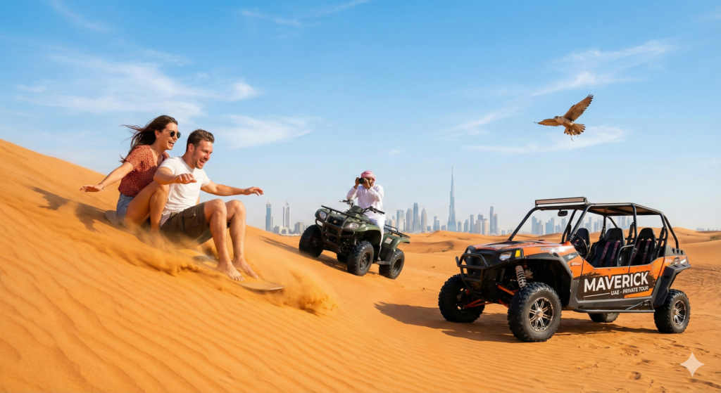 Private Desert Tour Dubai featuring sandboarding adventure, dune buggy ride, quad biking, and falcon experience with Dubai skyline and Burj Khalifa in the background.