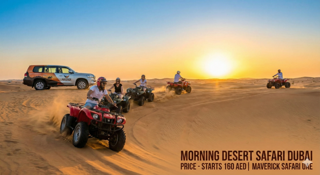 Morning Desert Safari Dubai Price featuring quad biking adventure at sunrise with 4x4 desert safari vehicles in Dubai.