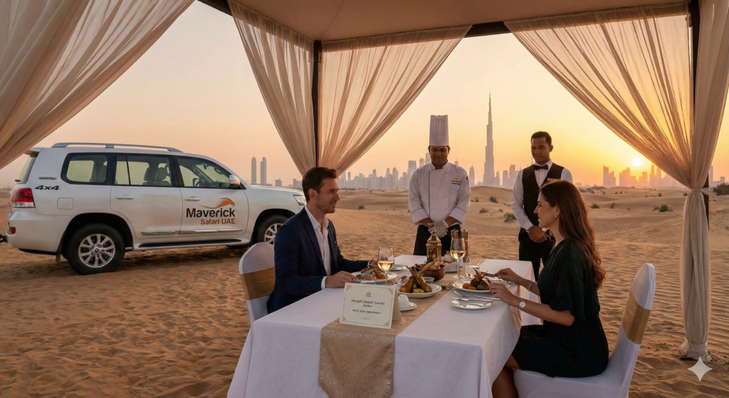 Premium Private Desert Safari Dubai Price experience showing a private couple dining under a desert tent with gourmet food, dedicated chef and waiter service, private 4x4 pickup, and golden sunset overlooking the Dubai skyline.