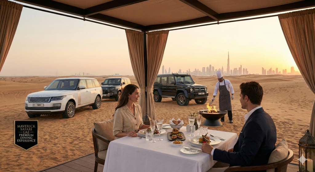 Premium Desert Safari Dubai luxury dinner setup with fine dining in the desert, private chef, premium 4x4 vehicles, and Burj Khalifa skyline backdrop.