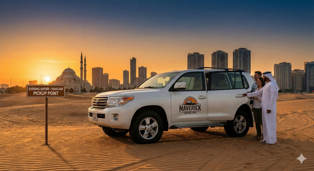 Guests arriving at the desert pickup location for an Evening Safari Sharjah Pickup, boarding a 4x4 SUV with Sharjah skyline and mosque visible at sunset.