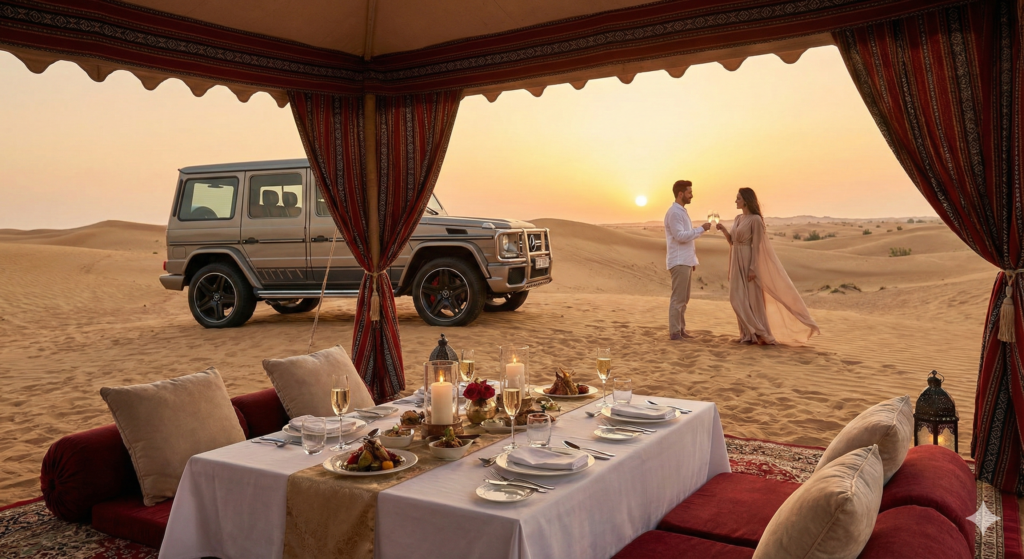 Luxury Desert Safari Dubai with Pickup offering exclusive romantic desert dinner, premium SUV, and sunset views