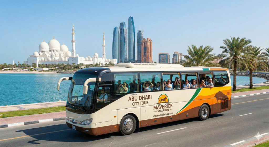 Tour bus traveling along the waterfront during an Abu Dhabi City Tour from Dubai, with Sheikh Zayed Grand Mosque and modern Abu Dhabi skyline in the background