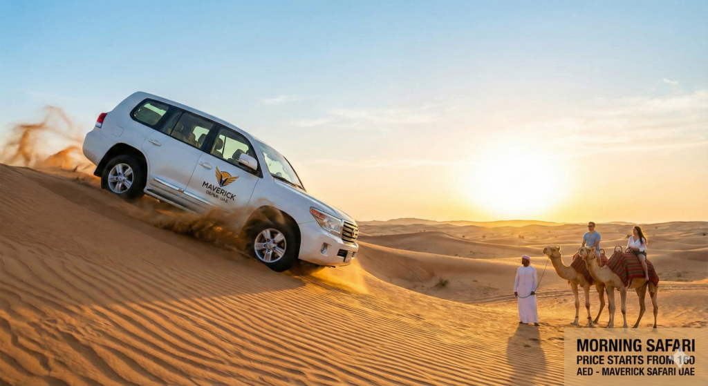 Morning Desert Safari Dubai Price showing thrilling dune bashing in a 4x4 SUV with camel ride experience at sunrise in the Dubai desert.